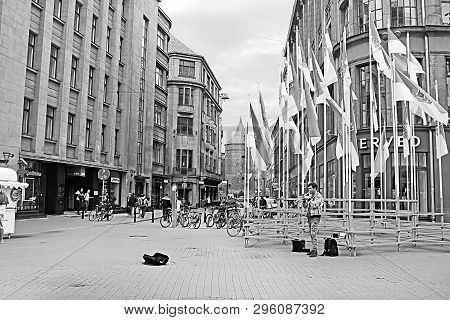 Riga, Latvia - August 28, 2018: View Of Valnu Street