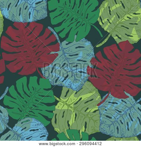 Pale Textured Seamless Pattern With Overlay Red, Green And Blue Tropical Monstera Leaves. Trendy Fre