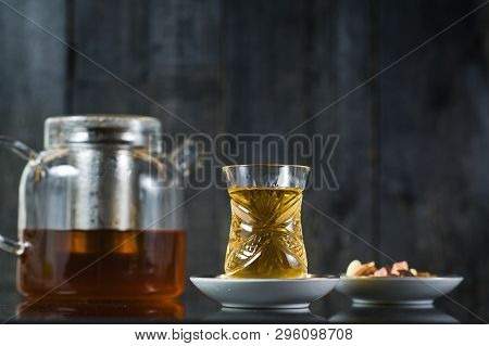 The Armud With Tea, Tea Ceremony. Black Wooden Background