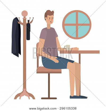 Man Drinking Coffee In The Dining Room Vector Illustration Design