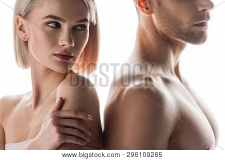 Beautiful Nude Blonde Woman And Shirtless Handsome Man Isolated On White