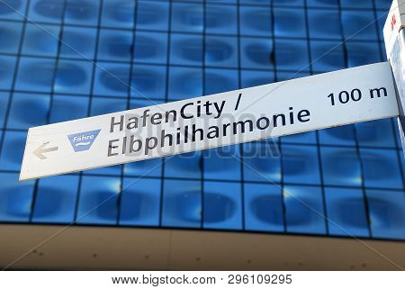 Tourist Road Sign In Hamburg, Germany: Hafencity (harbor City), Elbphilharmonie (concert Hall). In T