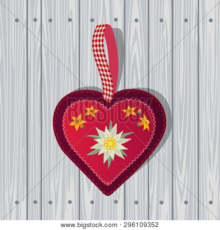 Hand Drawn Edelweiss Flower In Red Heart. Vector Star Shape National Symbol Of Alps, Mountain Alpine