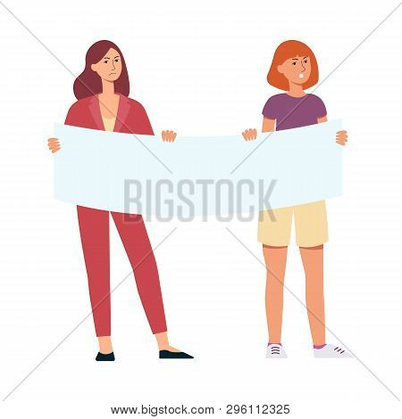 Protester Women Or Students Holding A Blank Poster Flat Vector Isolated On White.