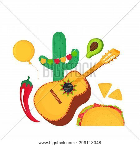 Cinco De Mayo. 5th Of May. Guitarrone, Cactus, Chili, Taco, Nachos, Avocado - Clipart To National Me