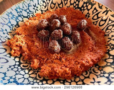 Muhammara With Meatballs Traditional Arabic Or Middle Eastern Dip And Antakya. Organic Hot Food.