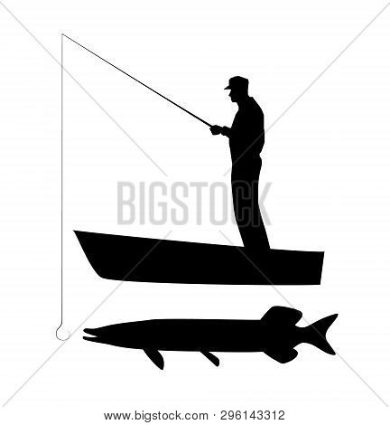 Old Man In Cap Catching Big Pike Fish With Fishing Rod On Boat. Vector Black Silhouette Image.