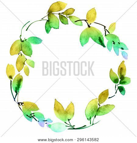 Watercolor And Ink Illustration Of Tree Leaves. Decorative Roundframe For Invitation Or Greeting Car