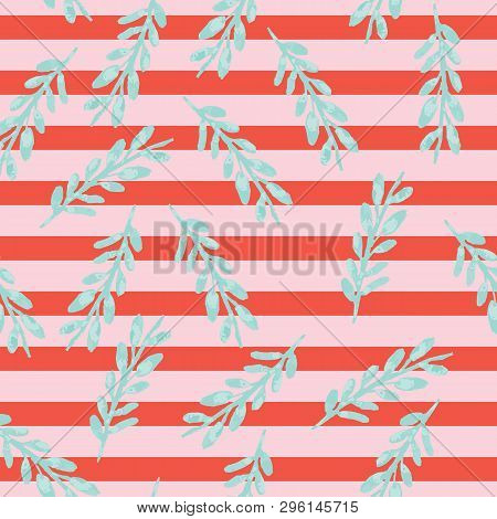Pink And Red Stripes With Hand Painted Green Leaves Seameless Pattern.