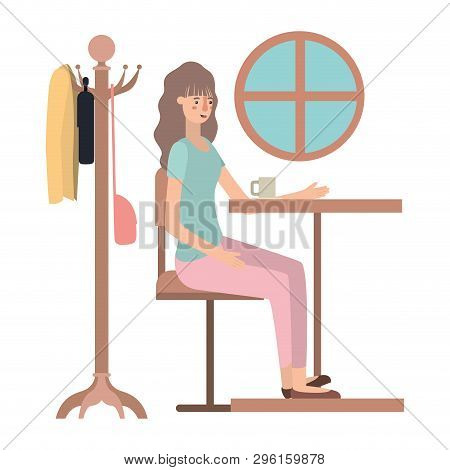 Woman Drinking Coffee In The Dining Room Vector Illustration Design