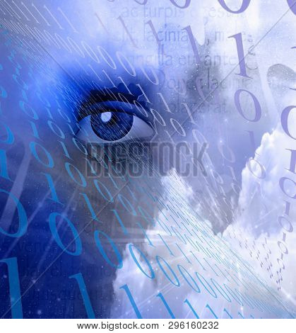 Digital Modern Abstract. Binary code and human eye in cloud. 3D rendering