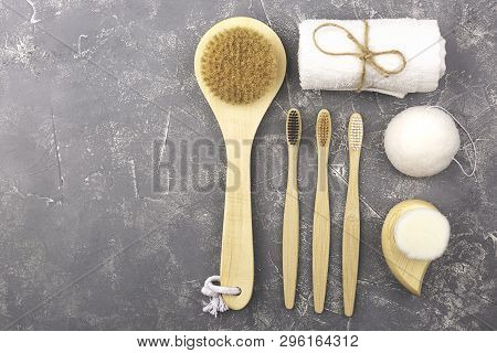 Plastic Free Background. Personal Care Products Made From Natural Materials: Cactus Fiber Body Brush