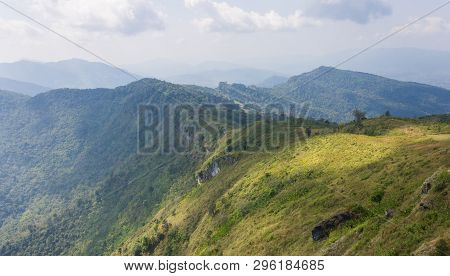 Green Landscape Mountain With Meadow Sky And Cloud At Phu Chi Fa Forest Park Thailand Wide. Landscap
