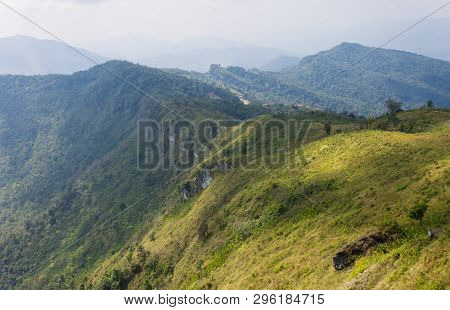 Green Landscape Mountain With Meadow Sky And Cloud At Phu Chi Fa Forest Park Thailand. Landscape Phu