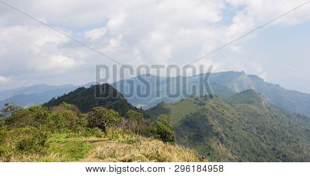Landscape Mountain With Meadow Tree Sky And Cloud At Phu Chi Fa Forest Park. Landscape Phu Chi Fa Fo