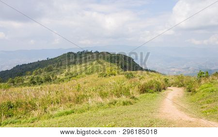 Meadow Mountain On Phu Chi Fa Forest Park With Sky And Cloud. Landscape Phu Chi Fa Forest Park View 