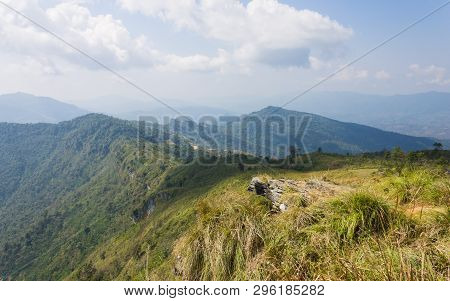 Stone Or Rock Landscape On Phu Chi Fa Forest Park View Point With Mountain And Sky. Landscape Phu Ch