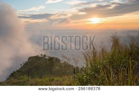 Phu Nom At Phu Langka National Park With Sunset And Fog On Sky. Phu Nom At Phu Langka National Park 