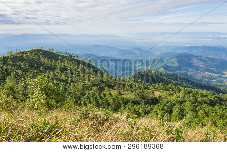 Grass Field On Mountain With Sky And Cloud At Phu Langka National Park Phayao Thailand. Landscape Mo