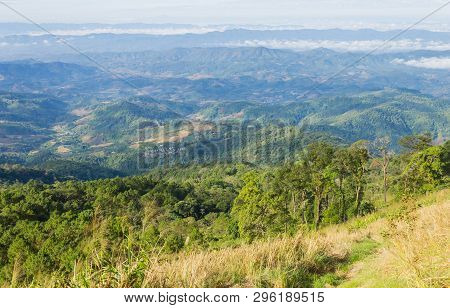 Grass Field On Mountain With Sky And Cloud At Phu Langka National Park Phayao Thailand. Landscape Mo