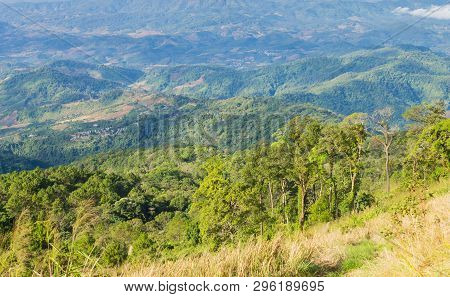 Grass Field On Mountain With Sky And Cloud At Phu Langka National Park Phayao Thailand. Landscape Mo