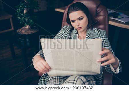 Close Up Photo Amazing Beautiful She Her Business Busy Lady Hold Arms Hands Newspaper Look Wondered 
