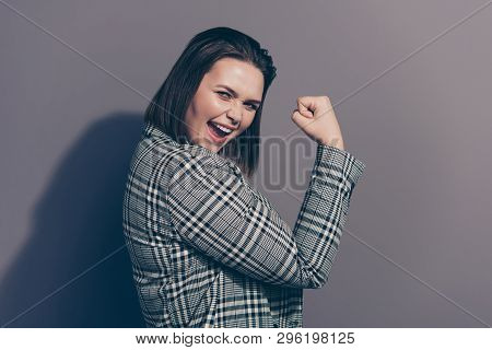Half Turned Close Up Photo Portrait Of Charming Confident Self Assured Champion Having Best Result I