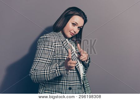 Hey I Like You! Closeup Photo Portrait Of Cheerful Confident Beautiful She Her Office Secretary Lady