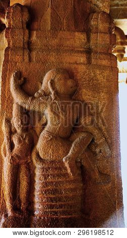 Sculpture Of Lord Hanuman Sitting On His Tail At Lanka At The Vittala Temple, Hampi, Karnataka, Indi