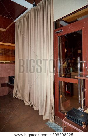 Krov, Russia - April 12, 2018: Entrance To The Restaurant In The Evening