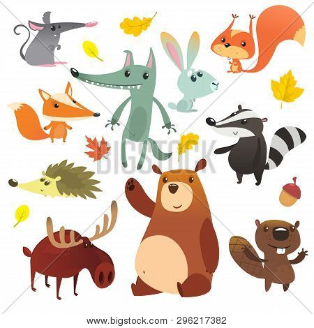 Cartoon Forest Animals. Funny Cartoon Animals Set. Flat Vector Illustration Design. Squirrel, Mouse,