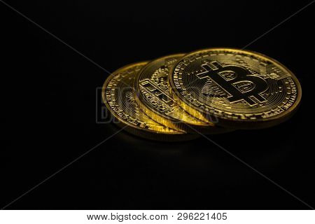 Golden Bitcoin On A Black Background, Money