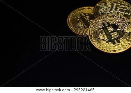 Golden Bitcoin On A Black Background, Money
