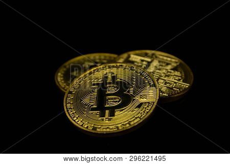 Golden Bitcoin On A Black Background, Money
