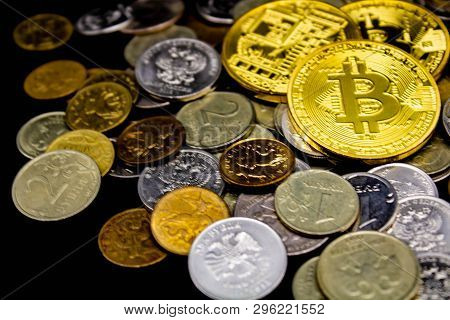 Golden Bitcoin On A Black Background, Money
