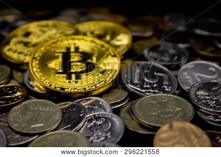 Golden Bitcoin On A Black Background, Money