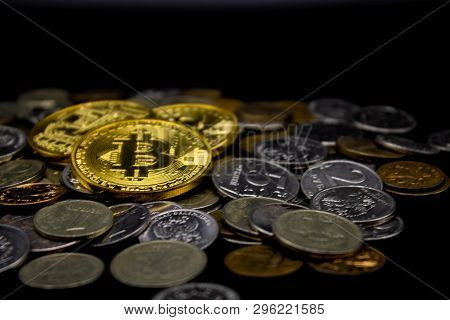 Golden Bitcoin On A Black Background, Money