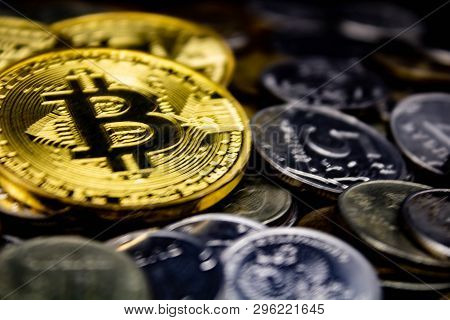Golden Bitcoin On A Black Background, Money