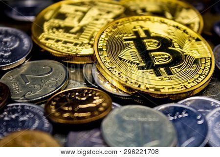 Golden Bitcoin On A Black Background, Money