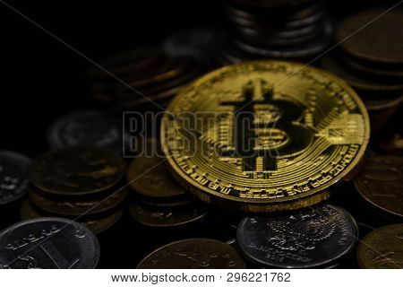 Golden Bitcoin On A Black Background, Money