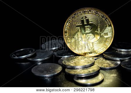 Golden Bitcoin On A Black Background, Money