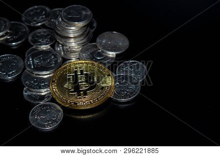 Golden Bitcoin On A Black Background, Money