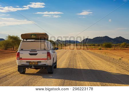 Damaraland, Namibia - March 30, 2019: Typical 4x4 Rental Car In Namibia Equipped With Camping Gear A