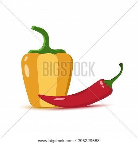 Yellow Bell Pepper And Red Pepper Chilli With Shadow. Vector Illustration