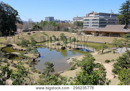 Kanazawa Japan - 13 April 2019: Japanese Traditional Gyokusenin Maruteien Park Garden In Kanazawa Ja