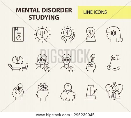 Mental Disorder Studying Line Icon Set. Psychologist, Hypnosis, Metronome. Psychology Concept. Can B