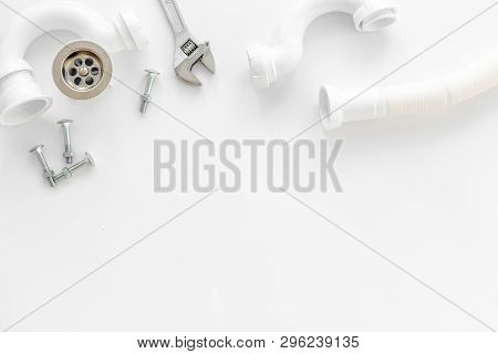 Professional Instruments For Plumber On White Background Top View Space For Text