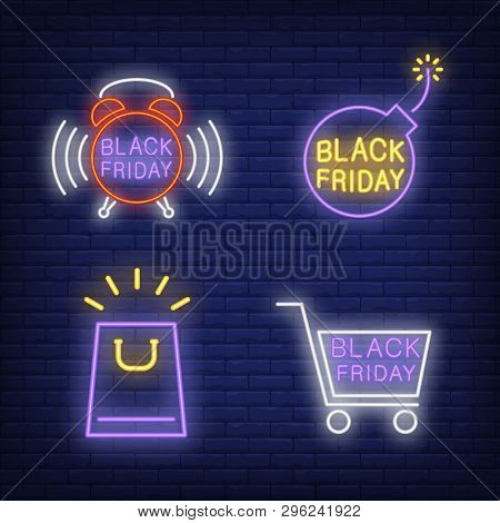 Black Friday Promotion Neon Sign Set. Shopping Bag, Alarm Clock, Cart, Bombshell. Flyer, Billboard, 