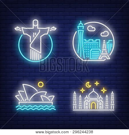 Landmarks Neon Sign Set. Rio De Janeiro, Sidney, Istanbul. Flyers, Signage, Bright Banner. Vector Il