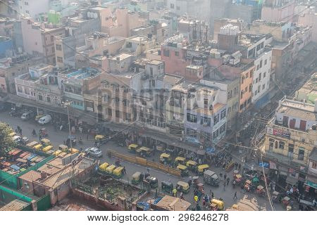 Top View Of The City Street Of Old New Delhi. View Of Old Delhi From Jama Masjid Minaret. 8 January 